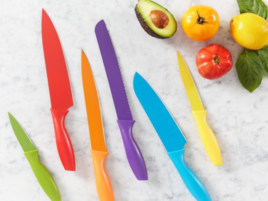 A set of colorful Amazon Basics Knives