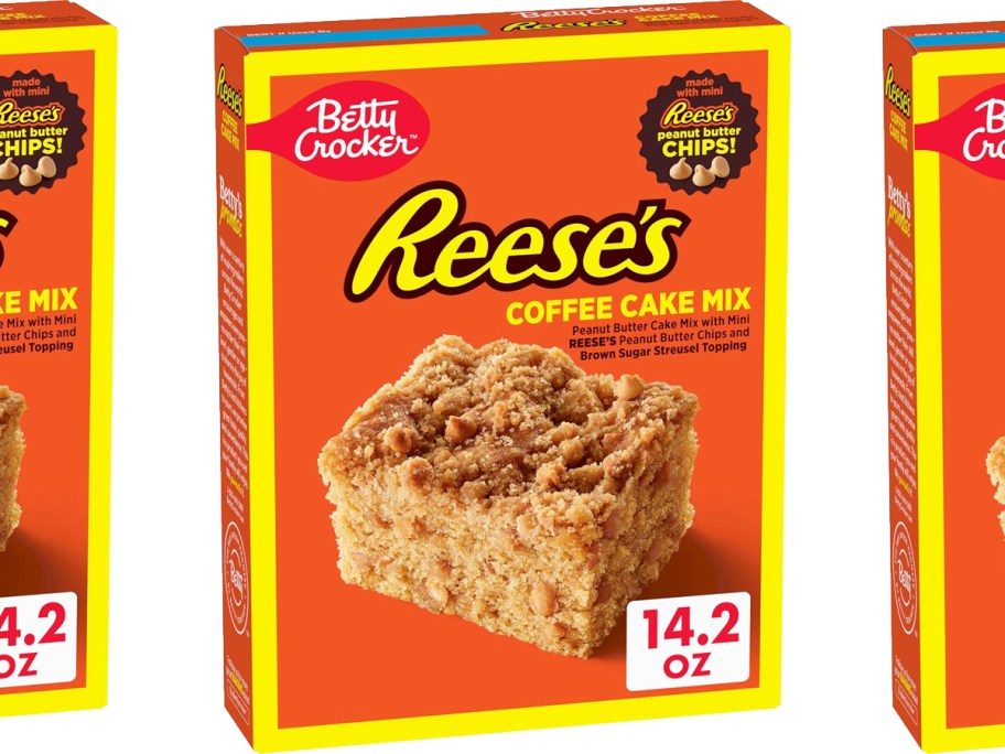 orange and yellow boxes of Betty Crocker Reese's Peanut Butter Coffee Cake Mix