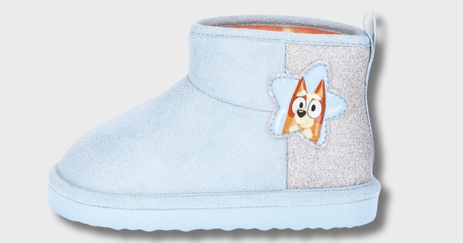 a UGG inspired style toddler girl's boot in light blue with silver and Bingo from Bluey cartoon character on the side