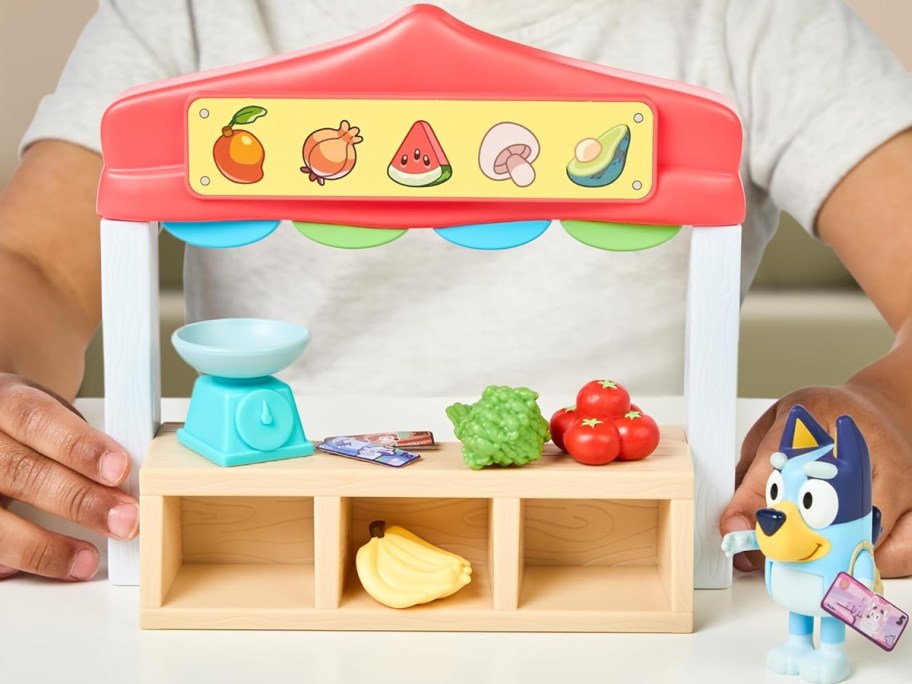 Boy playing with a Bluey Farmer's Market playset