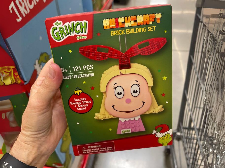 Brickcraft Grinch Cindy-Lou Ornament Brick Building Kit in hand in store