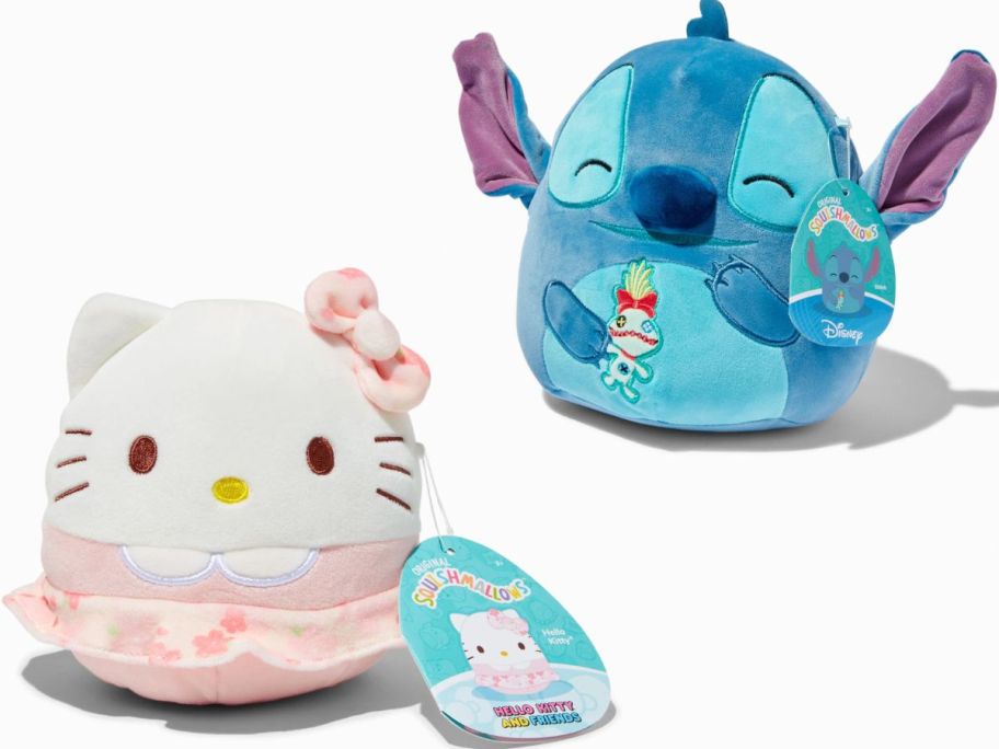 Stock images of a Hello Kitty and Stitch Squishmallows