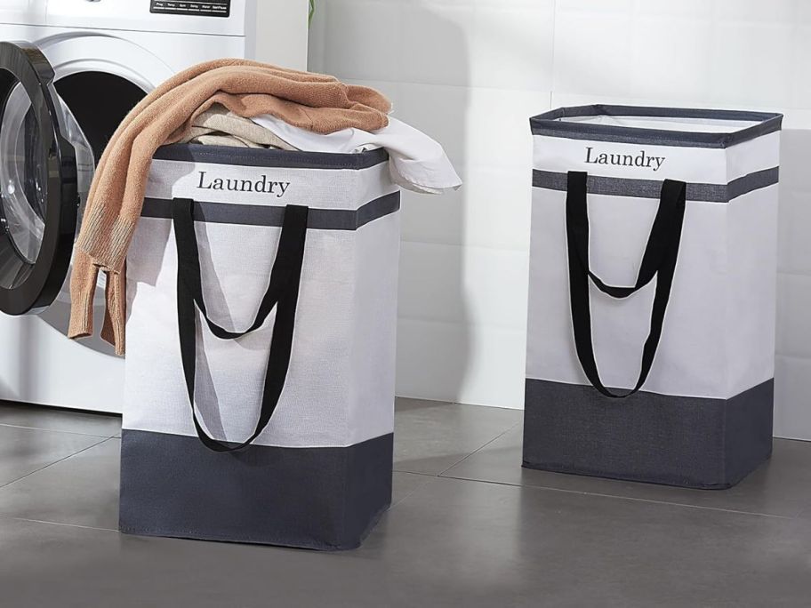 Collapsible 78L Laundry Basket 2-Pack in Black in laundry room