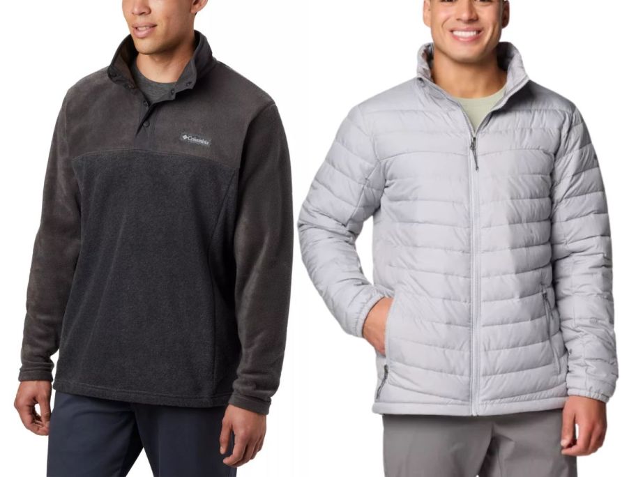 2 men wearing Columbia men's fleece and jacket