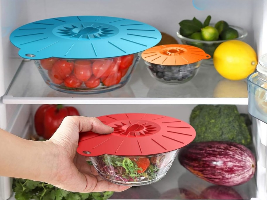 person placing a glass bowl with food in it and a red silicone lids into a fridge which has other food items and 2 other bowls with silicone lids on them