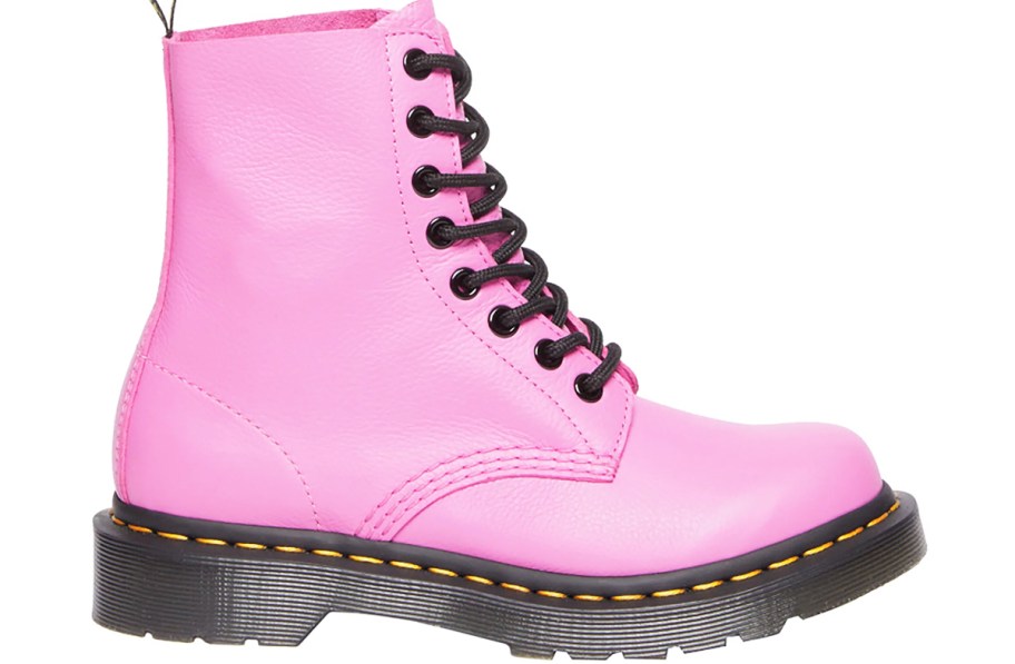 bright pink and black leather boot