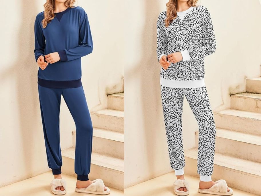 two women wearing Ekouaer Women's Jogger 2-Piece Pajama Sets