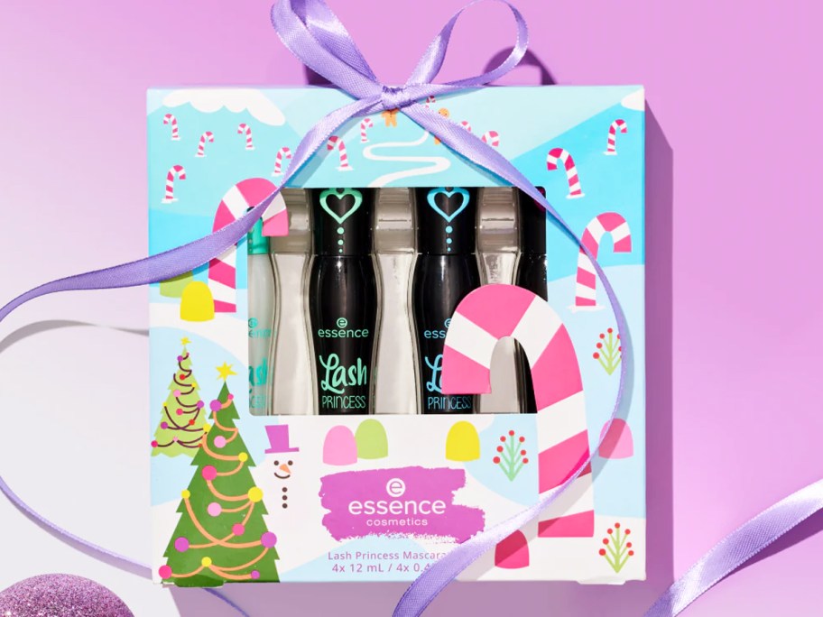 gift set of Essence Mascaras with purple ribbon