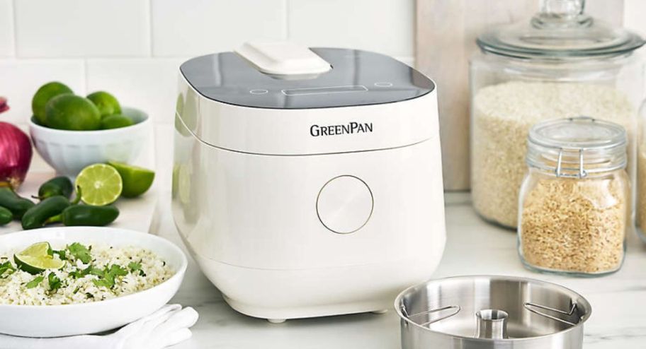 Greenpan rice cooker with food around it