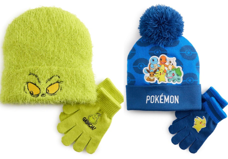 Grinch and Pokemon hat and mittens sets