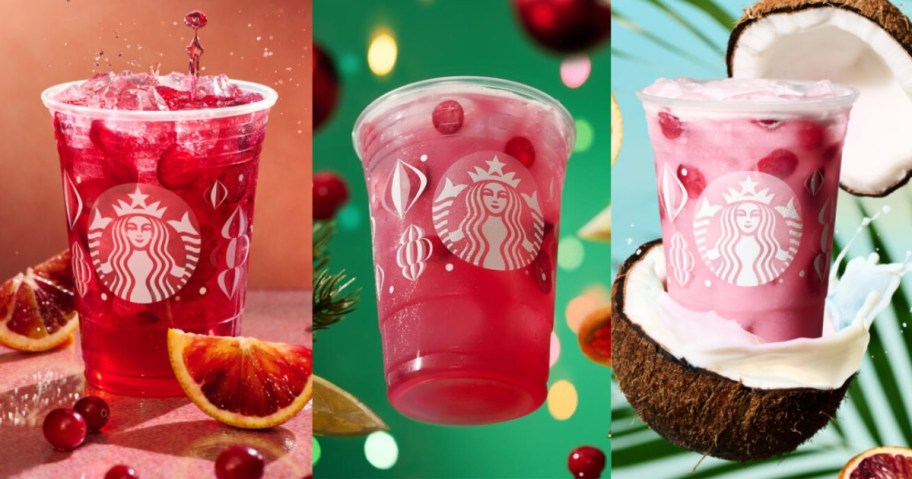 image shows 3 Starbucks drinks in clear cups each one surrounded by different fruits