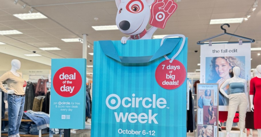 image of the front inside area of Target with large blue and white signs for Target Circle Week