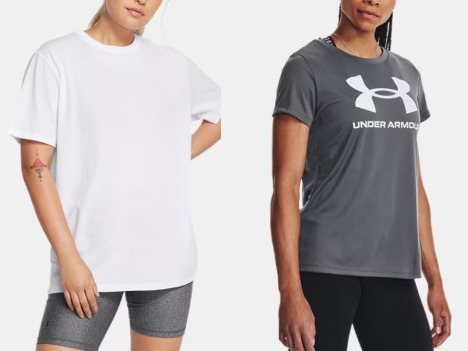 woman wearing a white tshirt and woman wearing a grey t-shirt with the Under Armour logo on it