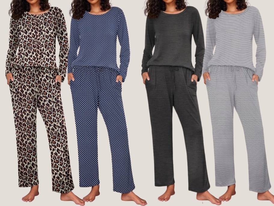 4 women wearing different colors and prints of long sleeve pajama or loungewear tops and pants sets