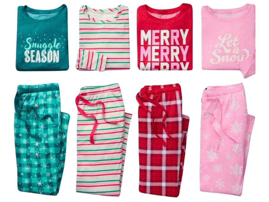 4 pairs of women's Christmas holiday themed pajama sets with long sleeve tops and jogger style pants folded halfway