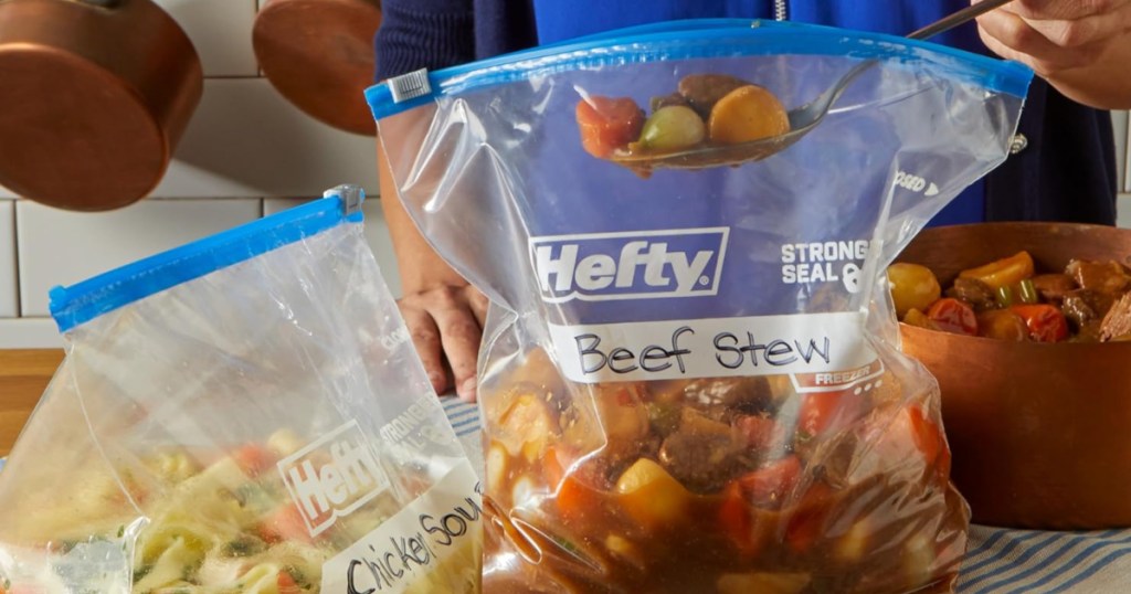 Person spooning beef stew into hefty gallon size storage bag