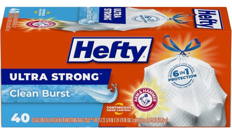 Hefty Ultra Strong 13-Gallon Trash Bags 40-Count Box - Clean Burst stock image