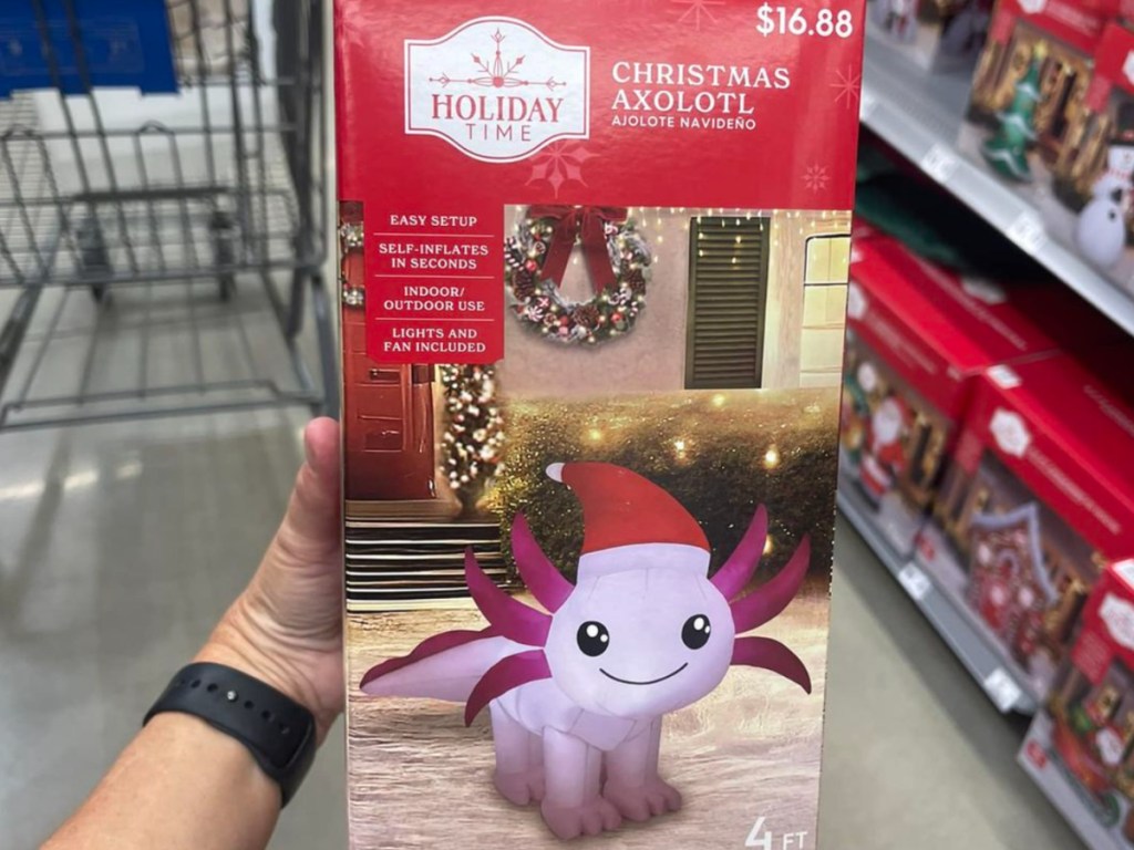 person holding box containing Holiday Time Christmas Axolotl Inflatable inside walmart store