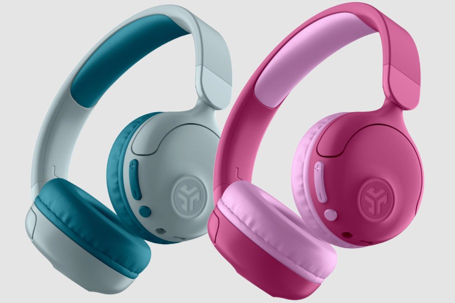 pink and teal kids over ear headphones