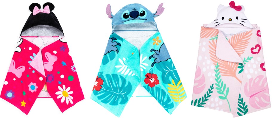 Minnie Mouse, Stitch, and Hello Kitty hooded towels
