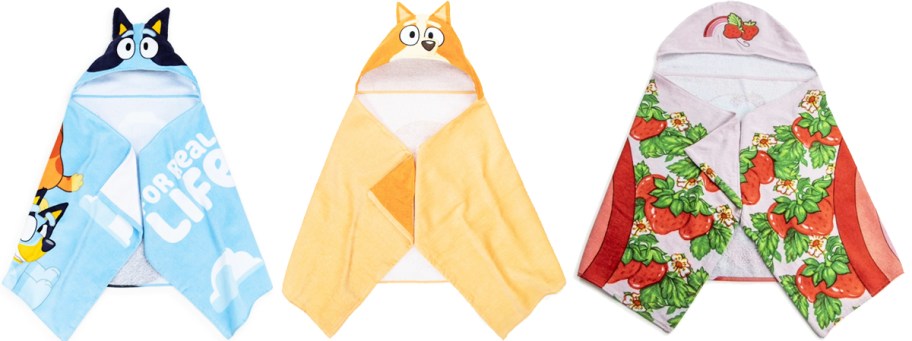 Bluey, Bingo, and Strawberry Shortcake kids hooded towels