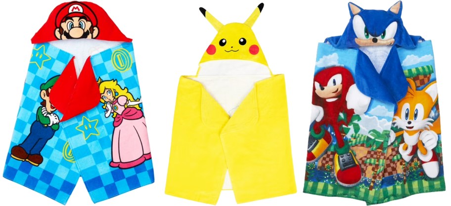 Super Mario, Pikachu, and Sonic kids hooded bath towels