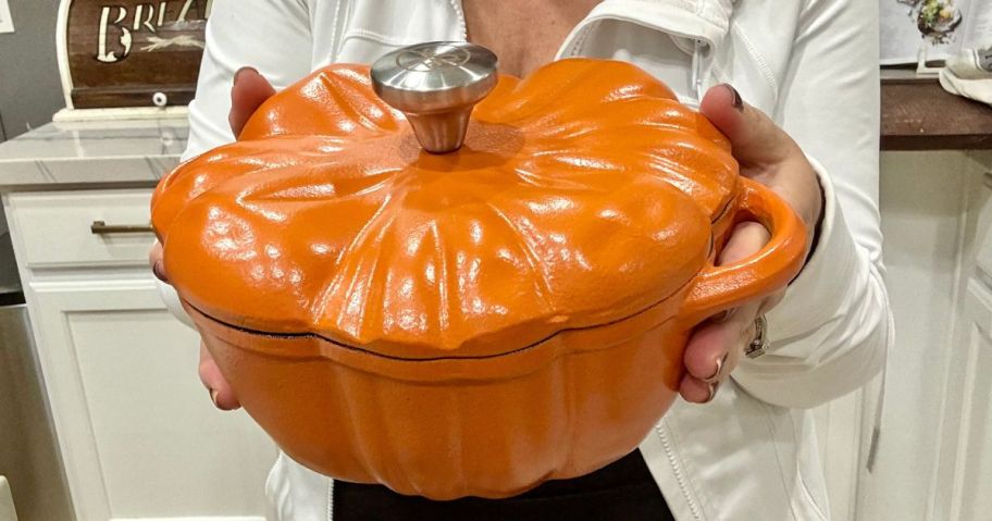 Hand holding a Kitchen HQ Pumpkin Casserole 