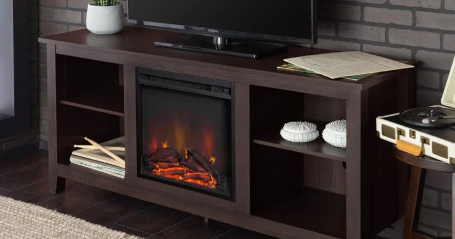 Kneeland Open Storage Media Console w/ Electric Fireplace