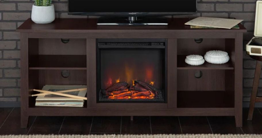 Kneeland Open Storage Media Console w/ Electric Fireplace