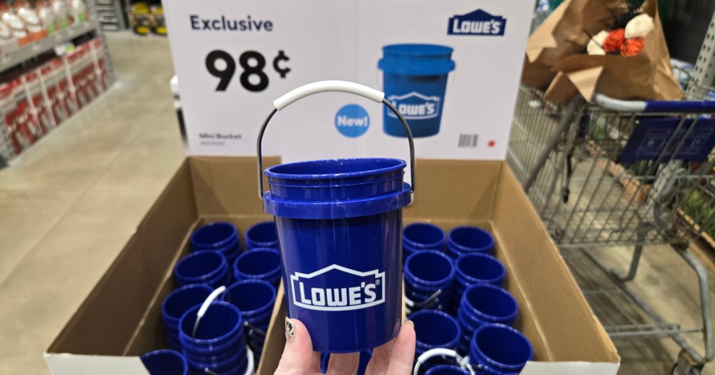 person holding blue lowe's mini bucket inside store