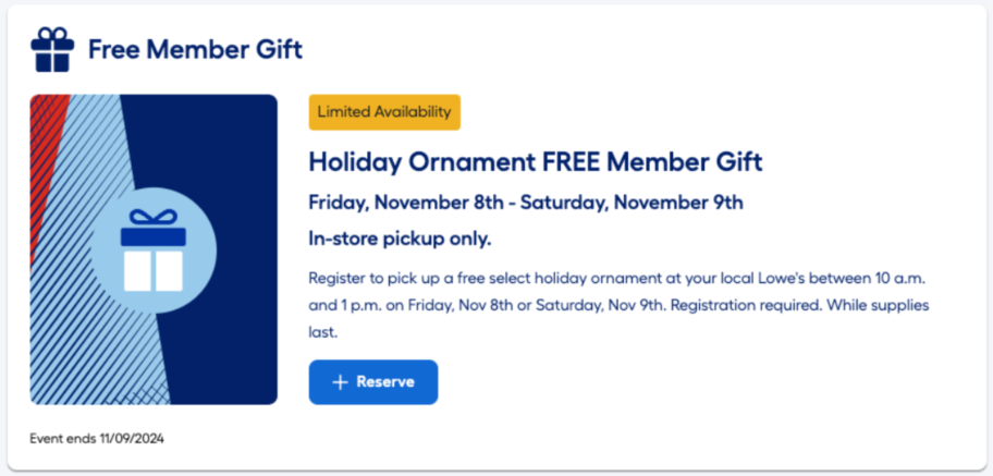 button to claim free ornament at Lowe's