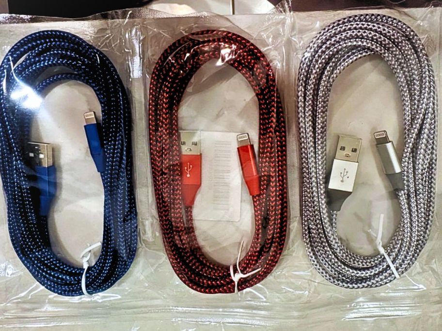 3 phone cables in blue, red, and white