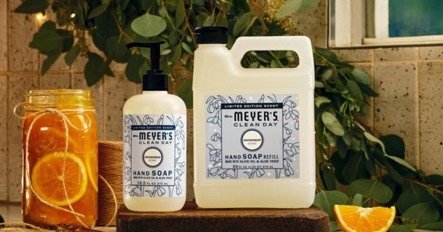 Mrs. Meyer's Clean Day Hand Soap on a counter top 