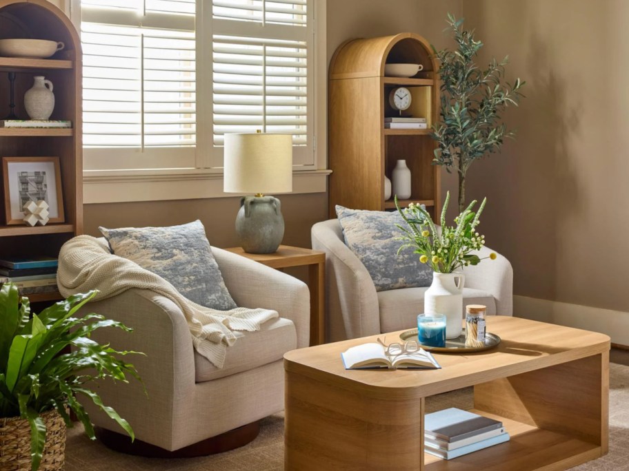 brown narrow arched cabinets on display in living room