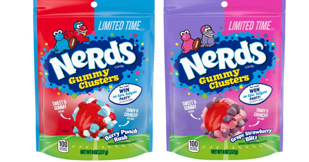 bags of NERDS Gummy Clusters in Berry Punch Rush and Grape Strawberry Blitz