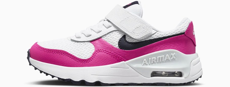 white, pink, and black nike kids sneaker