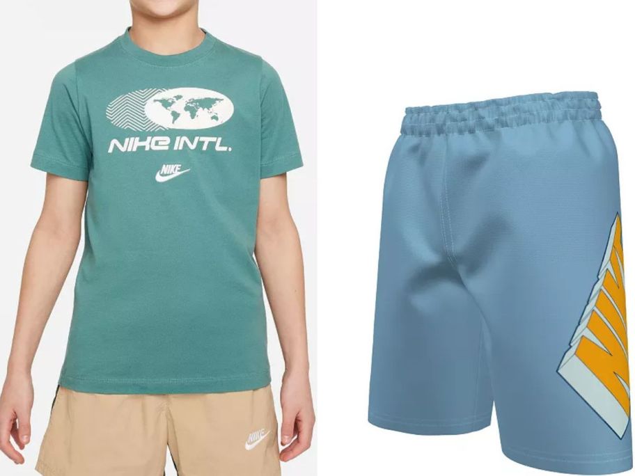 Stock image of a kid wearing a Nike tee and a pair of Nike swim trunks