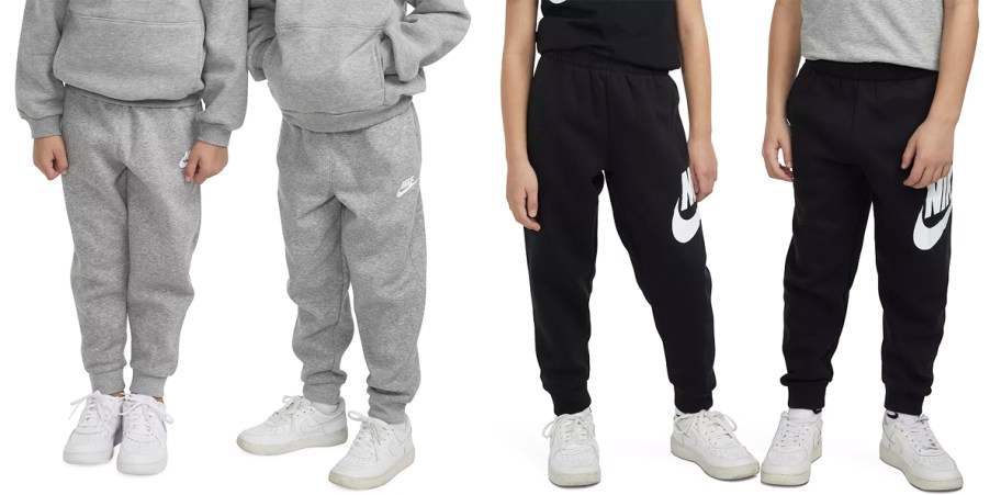 kids modeling grey and black nike joggers