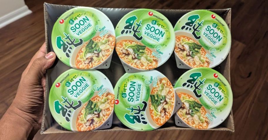 Nongshim Soon Instant Vegan Ramen Noodle Soup Cup 6-Pack in hand