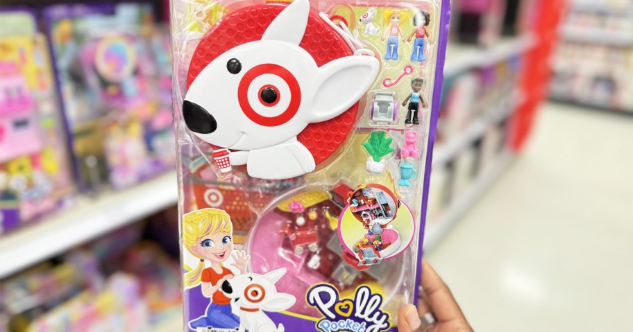 hand holding Polly Pocket Target Bullseye Adventure Playset in store