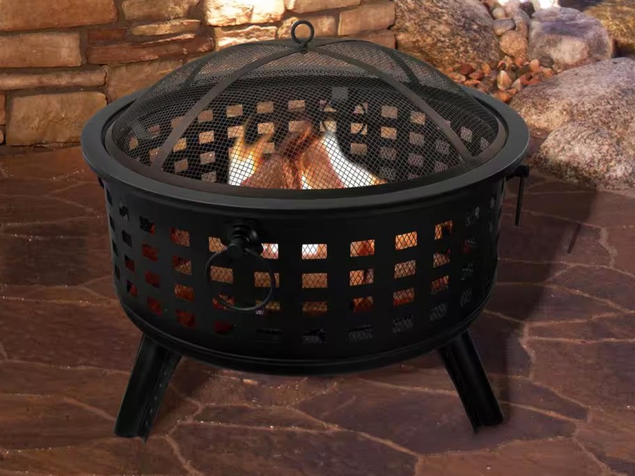 round black fire pit with cover screen