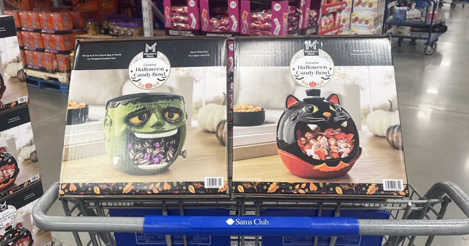 frankenstein and cat ceramic candy bowls in sam's club shopping cart