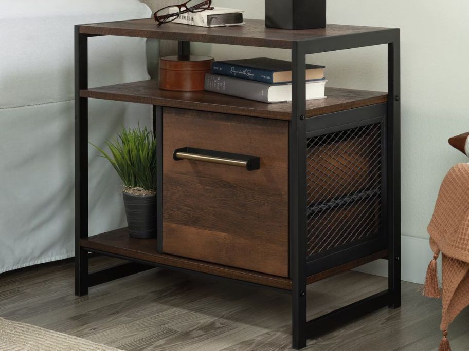 Sauder Briarbrook Nightstand next to bed