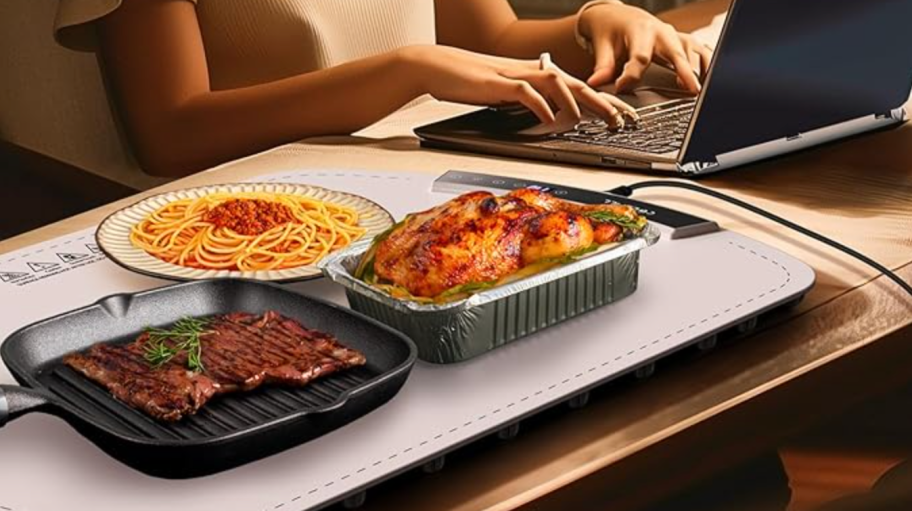 food sitting on a warming tray on table