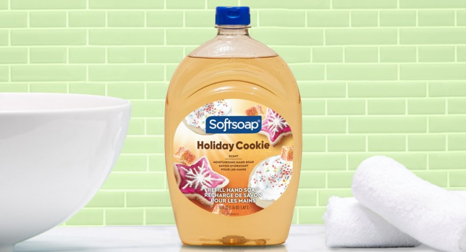 Softsoap Hand Soap 50 oz Refill Bottles in holiday cookie displayed in the bathroom