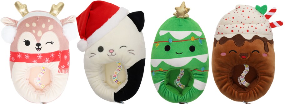 reindeer, calico cat, christmas tree, and hot cocoa Squishmallows Holiday Slippers