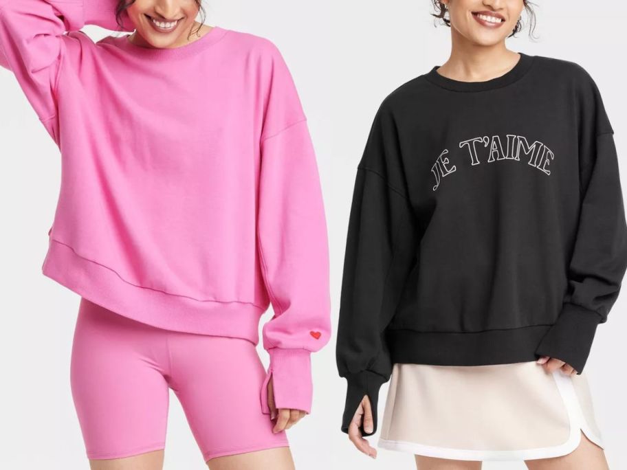 stock images of two women wearing a Joylab Valentine Sweatshirt