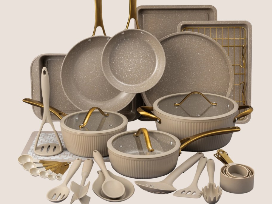 a tan speckled cookware, bakeware, and kitchen utensil sset