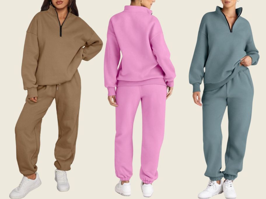 3 women wearing Trendy Queen Women's Sweatsuits w/ Zipper 2 Piece Sets