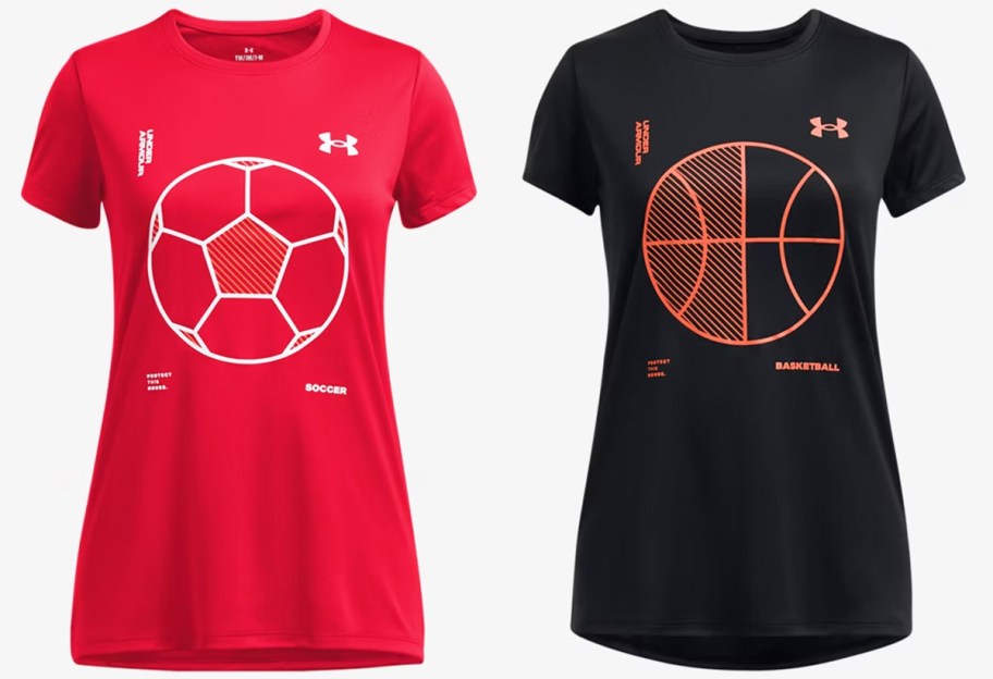 red soccer and black basketball shirts